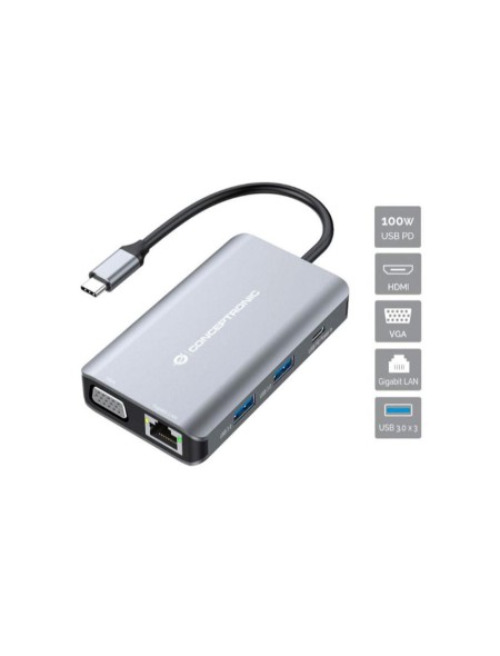 Hub Adaptador Type-C 7 en 1 Conceptronic  / Hdmi / VGA / Type-c / Usb 3.0 / LAN / DONN21G