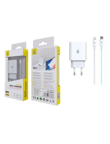 Cargador de red Usb Type-C + Cable Type-C a Lightning Iphone 8-14 / 20W / Blanco / NA0398 / One+